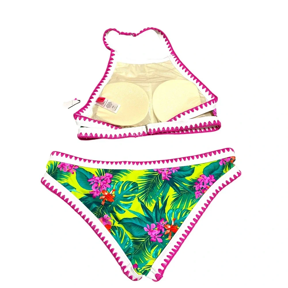 Betsey Johnson Womens M/L Bikini Set Green Pink Tropical Floral Embroidered Swim
